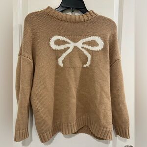 Sincerely Jules Tan Cowl Neck Sweater with White Bow